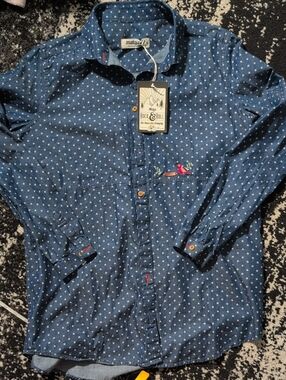 Women’s Blue Star-Print Button-Down Shirt with Embroidered Detail